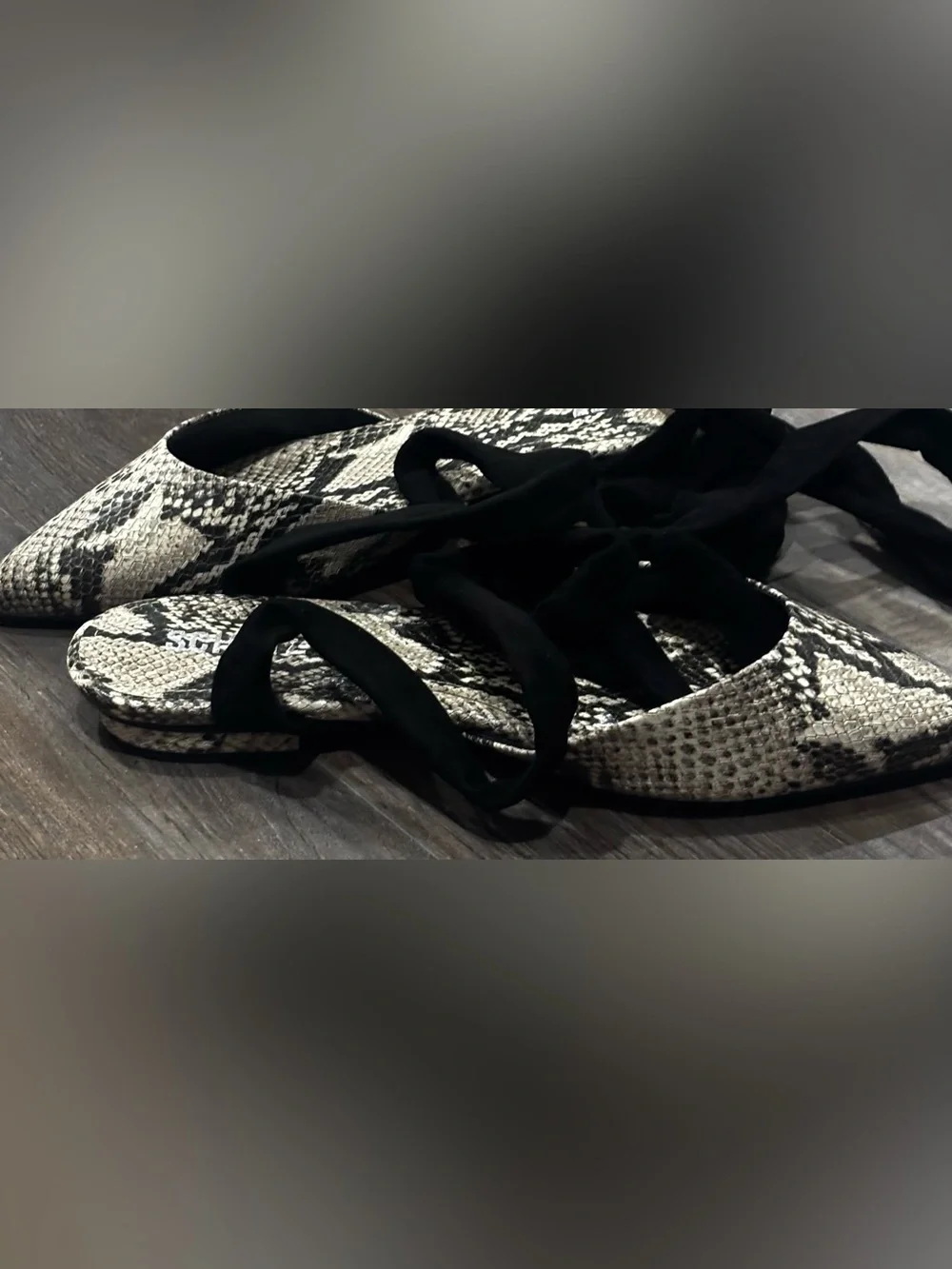 NIB Schutz Barbrah Snake Print Tie Ankle Ballet Flats Black Gray 9.5 Balletcore